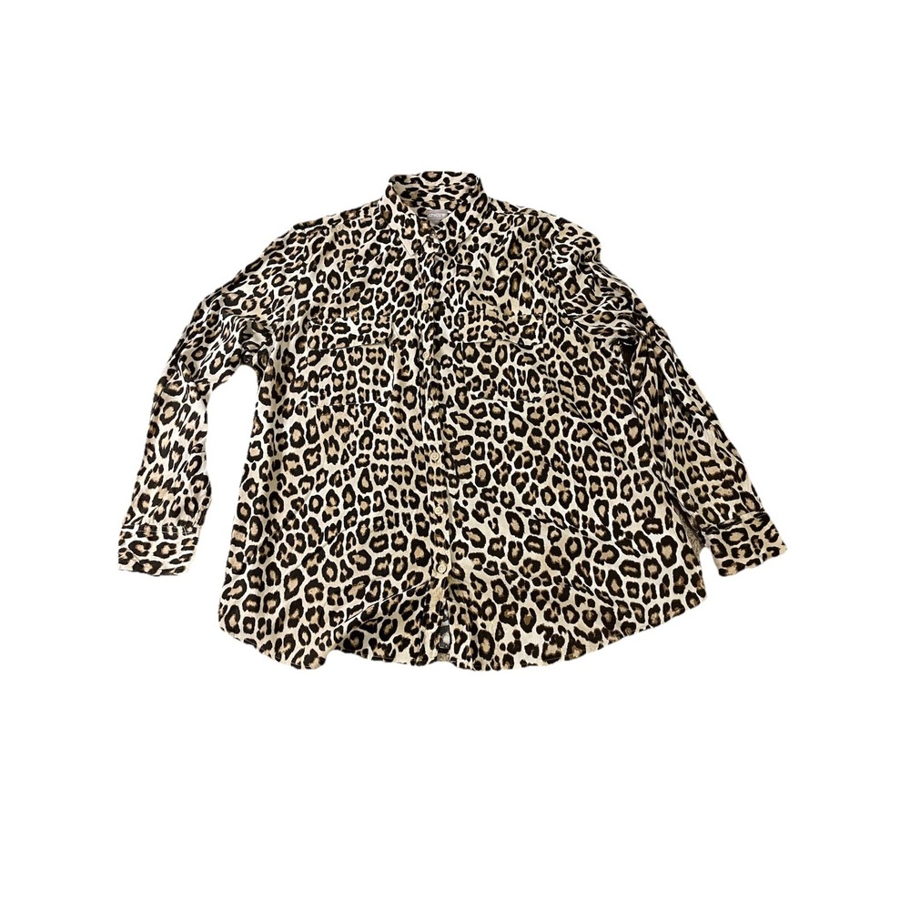 Chico's Size 2 Or US 12/14 Long Sleeve Leopard Print  Button Down Shirt